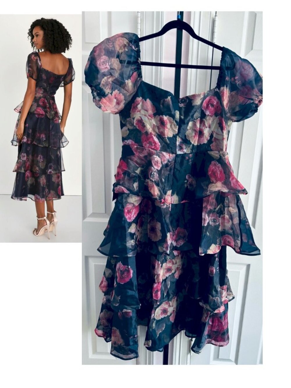 Lulus Oh-So Stunning Navy Blue Floral Organza Tiered Midi Dress Size 2X New